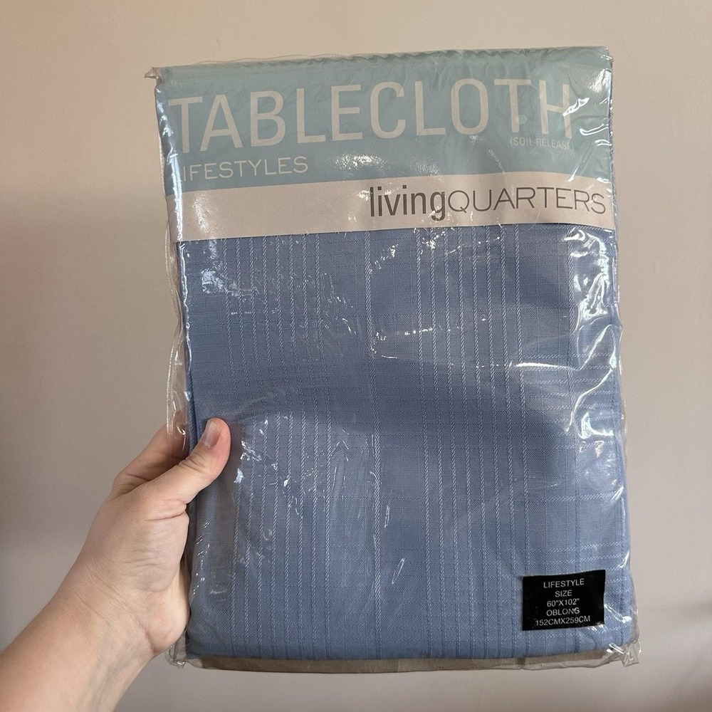 VTG‎ New 90's Living Quarters Light Blue Tablecloth Oblong 60x102 Polyester NOS